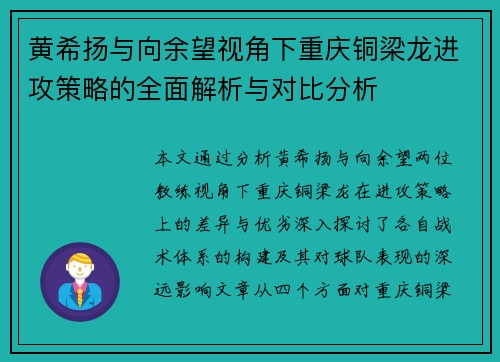 黄希扬与向余望视角下重庆铜梁龙进攻策略的全面解析与对比分析