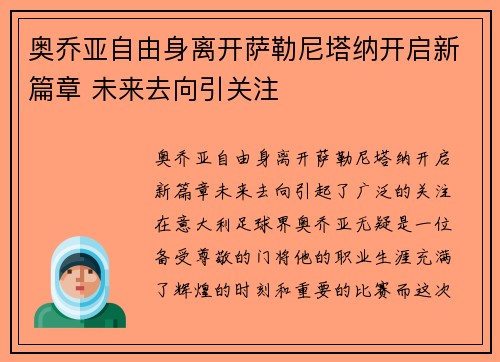奥乔亚自由身离开萨勒尼塔纳开启新篇章 未来去向引关注